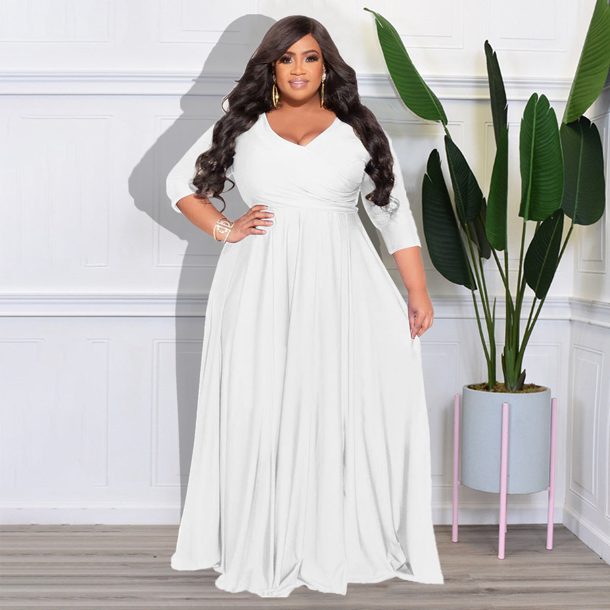 Plus Size Woman Women's Solid Color High Waist V-neck Sexy Wedding Long Dress