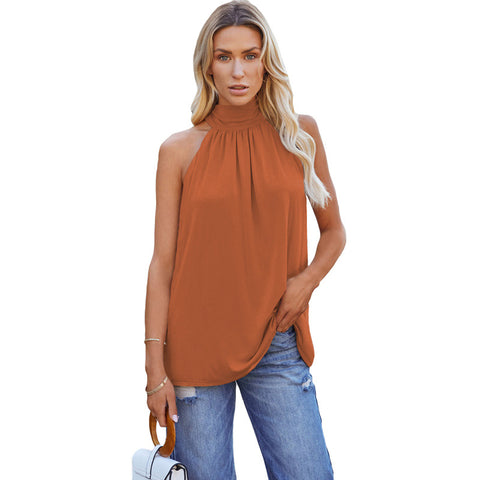 Summer Solid Color Sleeveless Polyester Fiber Top Women's Mid-length Leisure Pullover Vest
