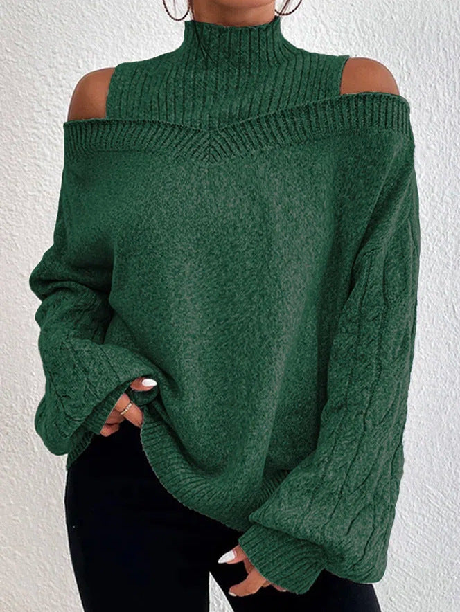 Off-the-shoulder Lantern Sleeve Turtleneck Women's Loose Large Sweater
