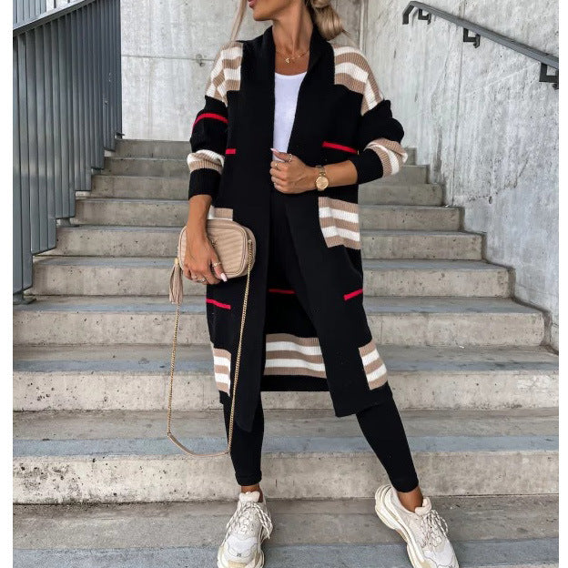 Long Cardigan Contrast Color Striped Women's Knitted Sweater