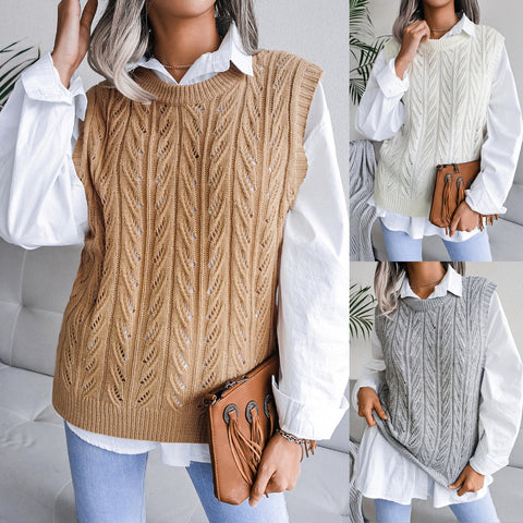 Round Neck Hollow Solid Color Leaves Casual Knitted Sweater Women's Vest