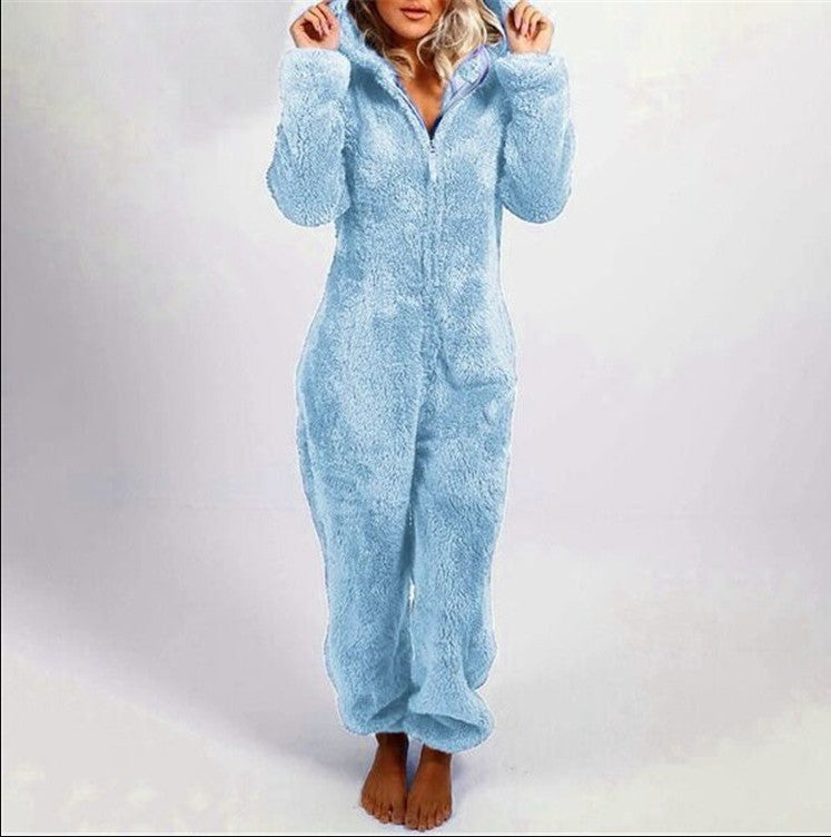 Women's Fleece-lined Long Sleeve Thickened Furry Jumpsuit Home Hooded Pajamas