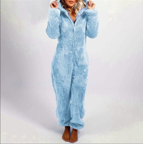 Women's Fleece-lined Long Sleeve Thickened Furry Jumpsuit Home Hooded Pajamas