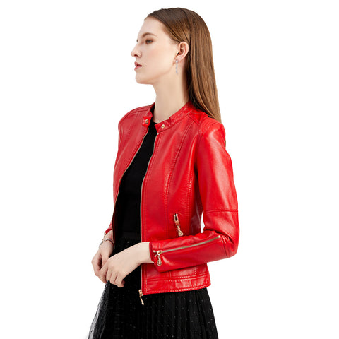Fashion Women's Leather Conventional Short Collar Jacket Thin Dark Blue Coat