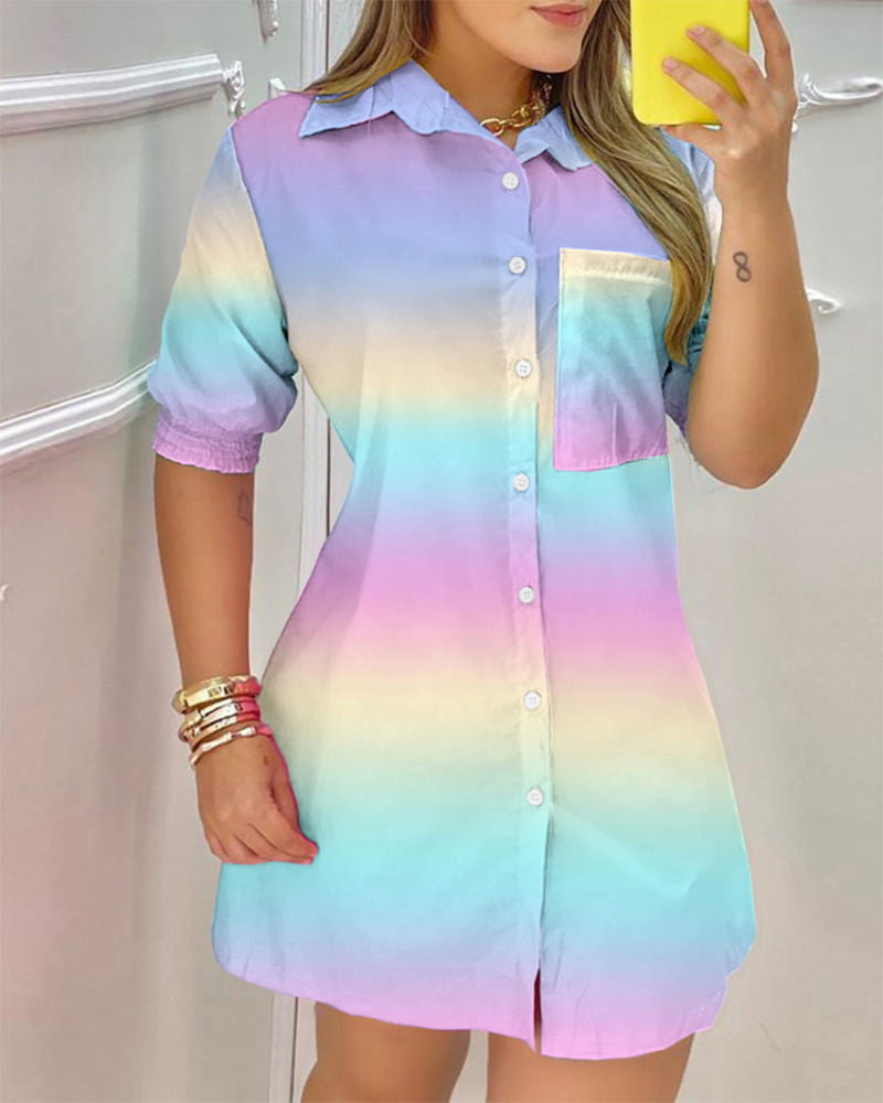 Durable Color Matching Women's Tie-dyed Pocket Buttons Shirt