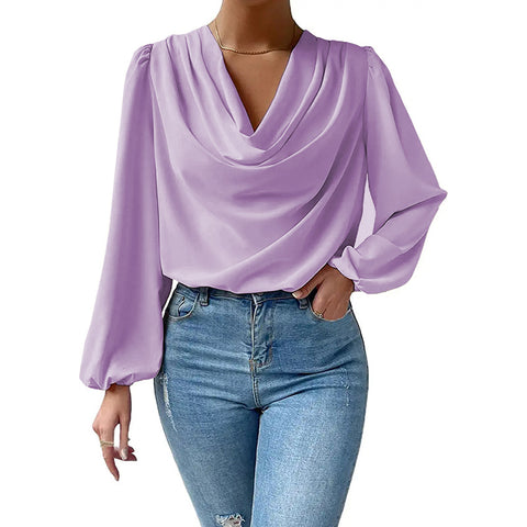 Chiffon Long Solid Color Sleeve Loose V-neck Casual Top T-shirt Women's Shirt