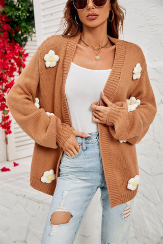 Winter Large Size Women's Acrylic Fiber Flower Cardigan Lantern Sleeve Sweater Coat