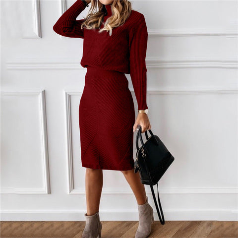 Temperament Commute Women's Turtleneck Knitting Solid Color Pullover Sweater Suit Skirt