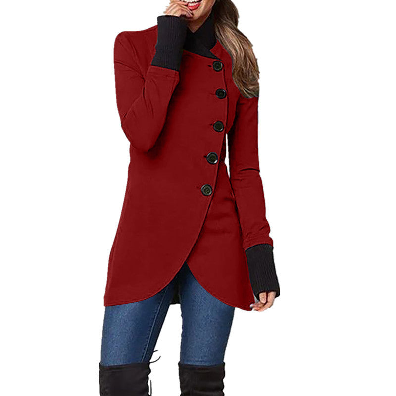 Solid Color Cardigan Single-breasted Stitching Hem Long-sleeved Coat