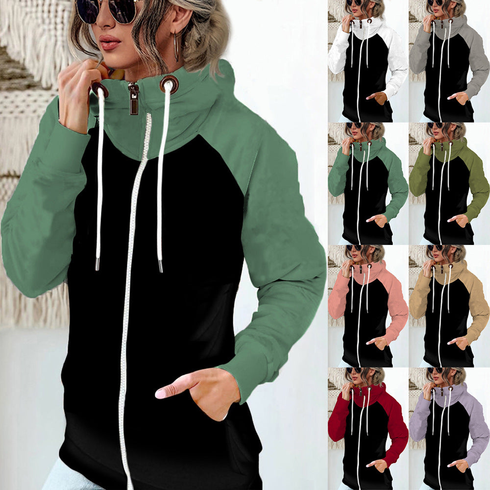 Women's Large Size Color Matching Hoody Thick Loose Coat